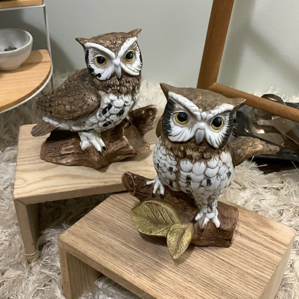 Vintage Pair Of Homco Made In Taiwan #1114 Ceramic Owls On Branches Figurines